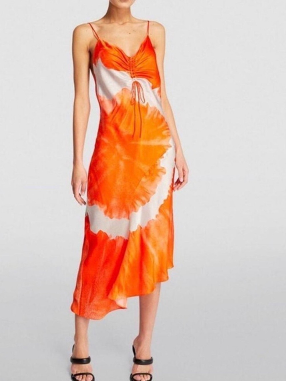 AllSaints Orange and White Tie-Dye High-Low Slip Dress